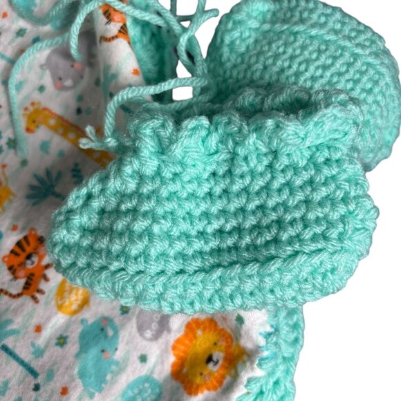 Handmade Baby Receiving Blanket Booties Set Safari Animals Crochet Border - Picture 6 of 7